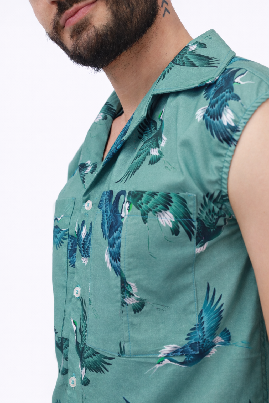 Seafoam Aviary Sleeveless Collar Shirt Set
