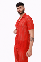 Crimson Mesh Collar Shirt Set