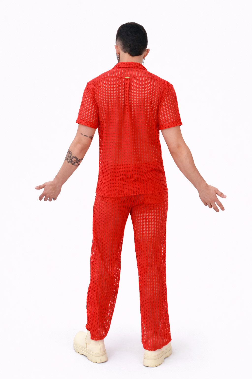 Crimson Mesh Collar Shirt Set