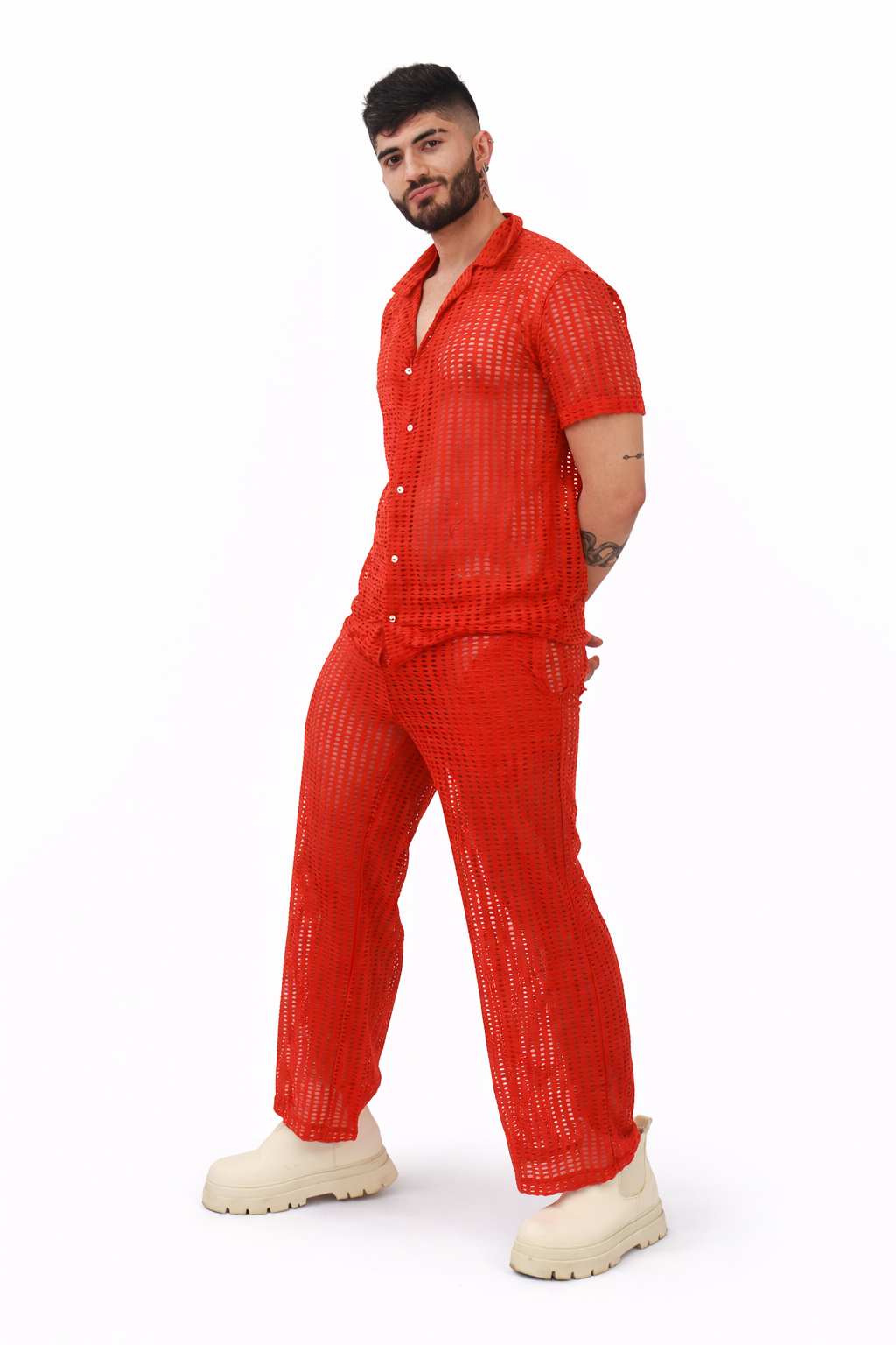 Crimson Mesh Collar Shirt Set