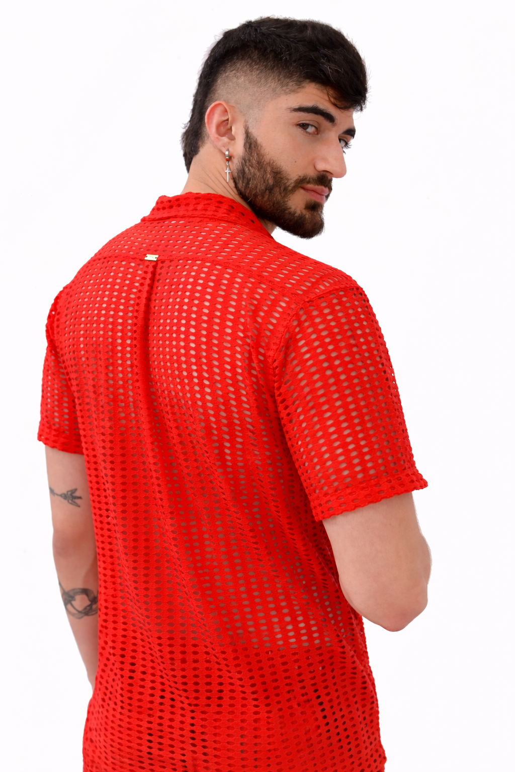 Crimson Mesh Collar Shirt Set