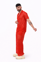 Crimson Mesh Collar Shirt Set